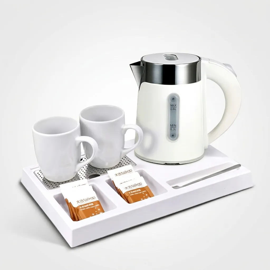 Wood Grain Tray Set with Stainless Steel Double Body 0.6L Kettle [1117] — KTS-1117 (image 3)
