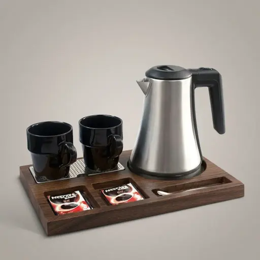 Beech Wood 3-in-1 Tray Set with Stainless Steel 0.8L Kettle [1118] — KTS-1118 — A three-in-one beech wood welcome tray with an integrated kettle base, three sachet-and-spoon indentations and a removable 304 stainless steel drip tray. A strong lacquer resists scratches and stains, paired with a 0.8L matt stainless steel kettle. A 36.3x24cm tray in black beech.