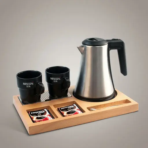 Beech Wood 3-in-1 Tray Set with Stainless Steel 0.8L Kettle [1119] — KTS-1119 — A three-in-one beech wood welcome tray with an integrated kettle base, three sachet-and-spoon indentations and a removable 304 stainless steel drip tray. A strong lacquer resists scratches and stains, paired with a 0.8L matt stainless steel kettle. A 36.3x24cm tray in natural beech.