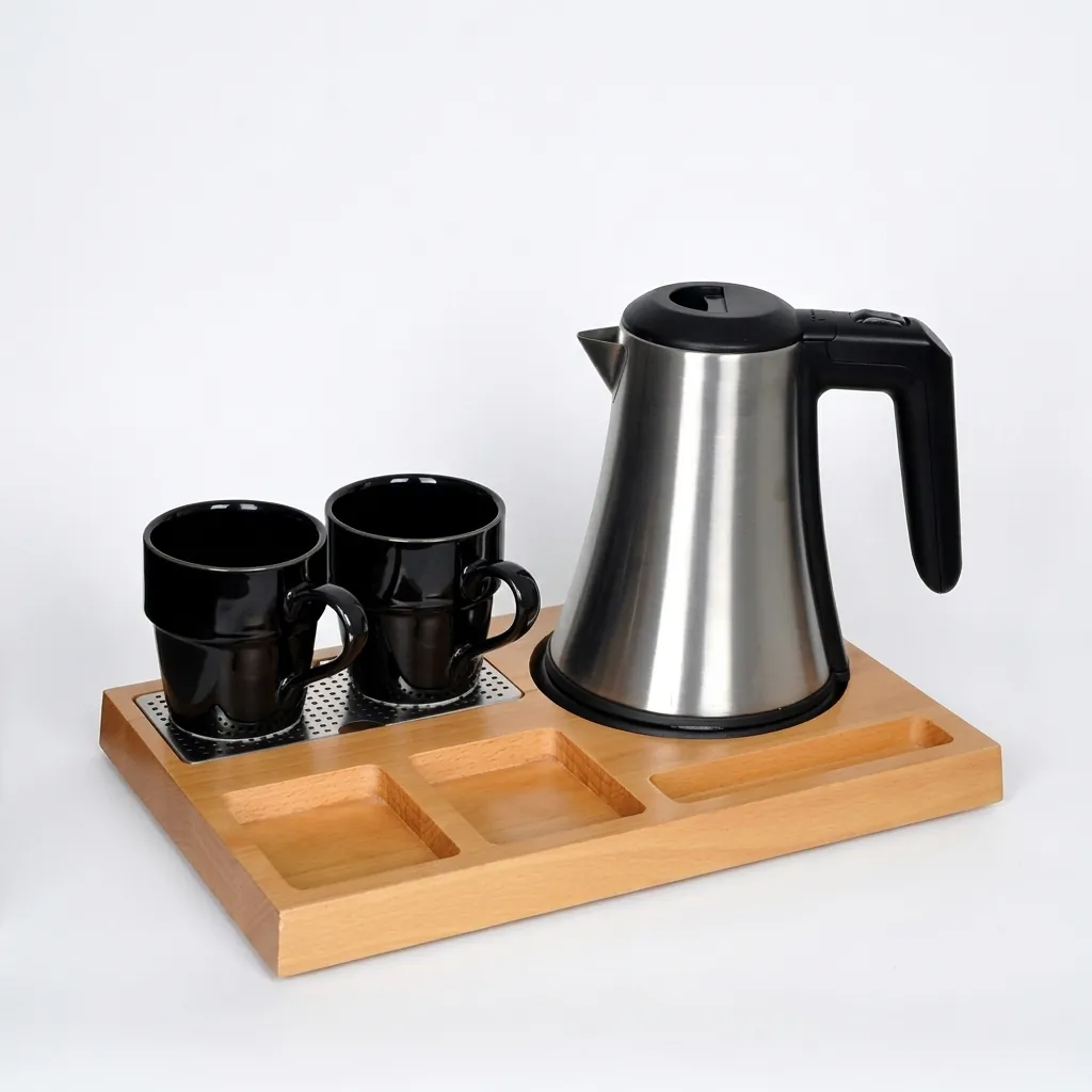 Beech Wood 3-in-1 Tray Set with Stainless Steel 0.8L Kettle [1119] — KTS-1119 (image 5)