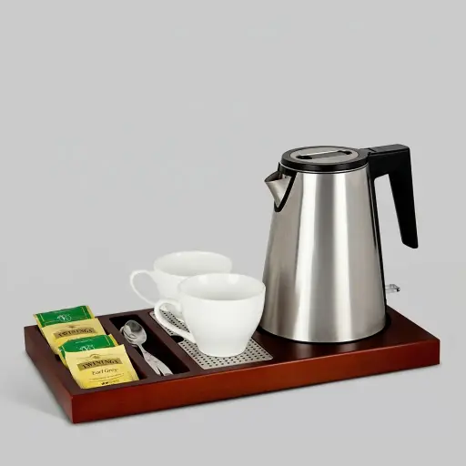 Kettle 0.8L & Beech Wooden Tray Set — KTS-1120 — A three-in-one beech wood welcome tray with an integrated kettle base, three sachet-and-spoon indentations and a removable 304 stainless steel drip tray. A strong lacquer resists scratches and stains, paired with a 0.8L seamless, anti-scald stainless steel kettle. A 44x24cm tray, in stainless steel or beech.