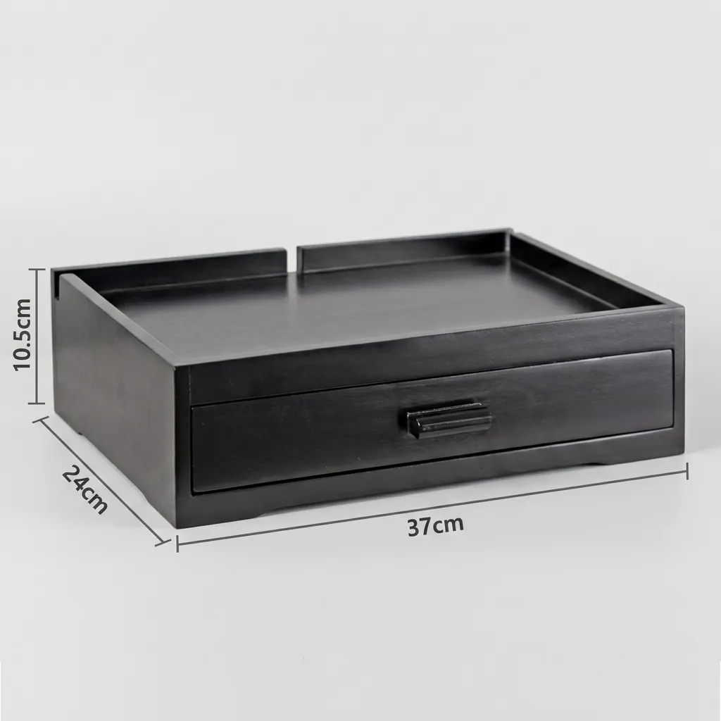 Set Kettle 0.8l & Wooden Tray Drawer Type — KTS-1121 — A beech wood welcome-tray set with an integrated kettle base and a removable drawer holding three sachet-and-spoon compartments, plus space for cups. Three cable cut-outs and a strong, stain-resistant lacquer keep it tidy and durable, paired with a 0.8L matt stainless steel kettle. A 37x24x10.5cm tray in black beech. (image 3)