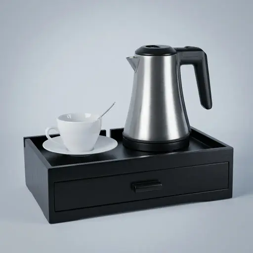 Set Kettle 0.8l & Wooden Tray Drawer Type — KTS-1121 — A beech wood welcome-tray set with an integrated kettle base and a removable drawer holding three sachet-and-spoon compartments, plus space for cups. Three cable cut-outs and a strong, stain-resistant lacquer keep it tidy and durable, paired with a 0.8L matt stainless steel kettle. A 37x24x10.5cm tray in black beech.