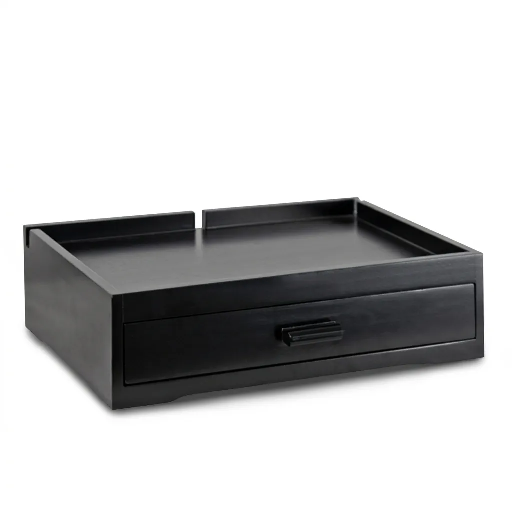 Set Kettle 0.8l & Wooden Tray Drawer Type — KTS-1121 — A beech wood welcome-tray set with an integrated kettle base and a removable drawer holding three sachet-and-spoon compartments, plus space for cups. Three cable cut-outs and a strong, stain-resistant lacquer keep it tidy and durable, paired with a 0.8L matt stainless steel kettle. A 37x24x10.5cm tray in black beech. (image 4)