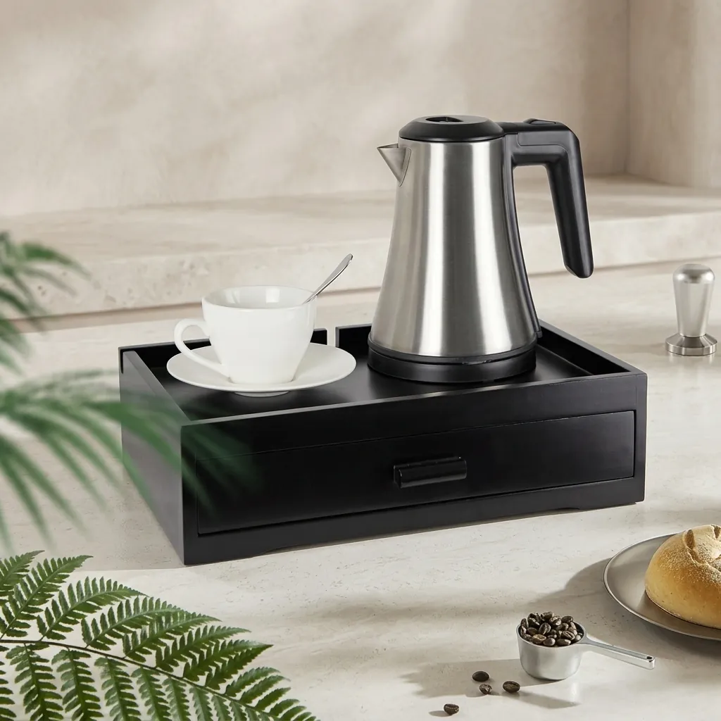 Set Kettle 0.8l & Wooden Tray Drawer Type — KTS-1121 — A beech wood welcome-tray set with an integrated kettle base and a removable drawer holding three sachet-and-spoon compartments, plus space for cups. Three cable cut-outs and a strong, stain-resistant lacquer keep it tidy and durable, paired with a 0.8L matt stainless steel kettle. A 37x24x10.5cm tray in black beech. (image 7)