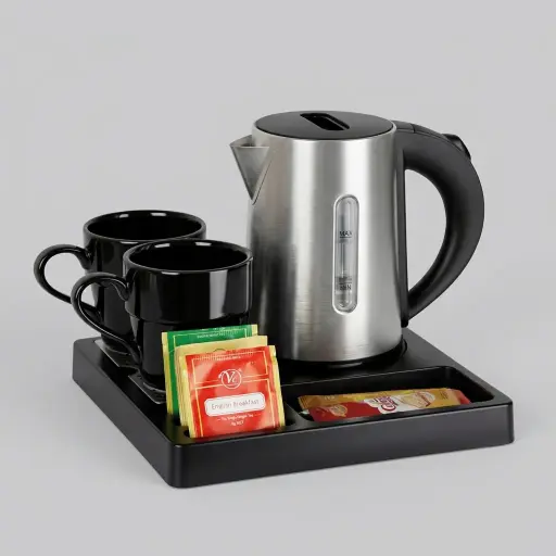 ABS Tray Set with Stainless Steel Double Body 0.6L Kettle [1122] — KTS-1122 — A compact three-in-one ABS welcome tray with a fixed kettle base, four sachet-and-spoon compartments and a removable 304 stainless steel drip tray. Tough and easy to clean, it pairs with a 0.6L double-body stainless steel kettle. A space-saving 24x24cm tray, in stainless steel or black.
