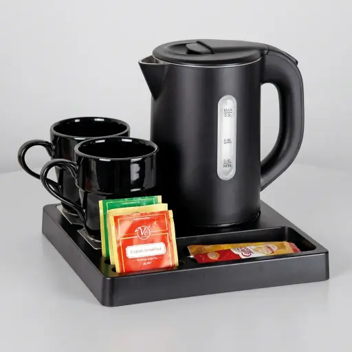 ABS Tray Set with Stainless Steel Anti-Scald 0.8L Kettle [1124] — KTS-1124 — A compact three-in-one ABS welcome tray with a fixed kettle base, four sachet-and-spoon compartments and a removable 304 stainless steel drip tray. Tough and easy to clean, it pairs with a 0.8L anti-scald double-body kettle with water-level indicator. A space-saving 24x24cm tray finished in black.