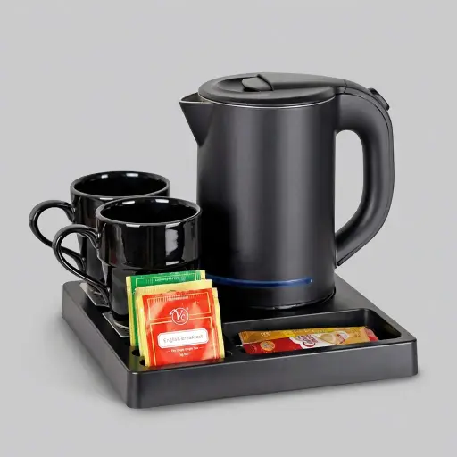 ABS Tray Set with Stainless Steel Anti-Scald 0.8L Kettle [1125] — KTS-1125 — A compact three-in-one ABS welcome tray with a fixed kettle base, four sachet-and-spoon compartments and a removable 304 stainless steel drip tray. Tough and easy to clean, it pairs with a 0.8L anti-scald double-body kettle. A space-saving 24x24cm tray finished in black.