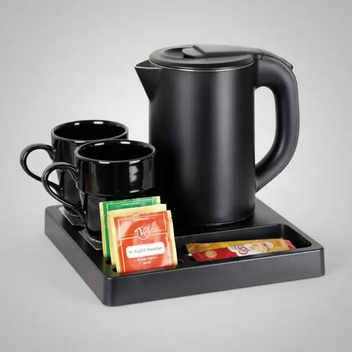 ABS Tray Set with Stainless Steel Anti-Scald 0.8L Kettle [1126] — KTS-1126 — A compact three-in-one ABS welcome tray with an integrated kettle base, four sachet-and-spoon compartments and a removable 304 stainless steel drip tray. Tough and easy to clean, it pairs with a 0.8L anti-scald double-body kettle. A space-saving 24x24cm tray finished in black.