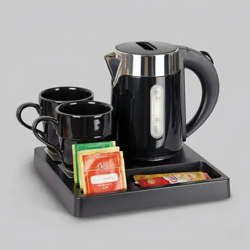 ABS Tray Set with Stainless Steel Double Body 0.6L Kettle [1127] — KTS-1127 — A compact three-in-one ABS welcome tray with an integrated kettle base, four sachet-and-spoon compartments and a removable 304 stainless steel drip tray. Tough and easy to clean, it pairs with a 0.6L double-body stainless steel kettle. A space-saving 24x24cm tray finished in black.