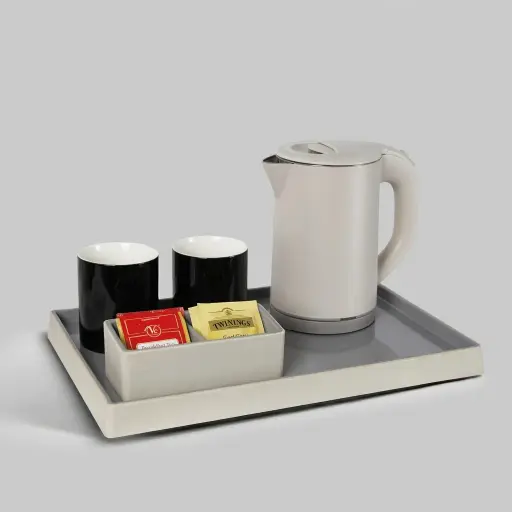 PU Leather Tray Set with Stainless Steel Anti-Scald 0.8L Kettle [1128] — KTS-1128 — An elegant rectangular welcome tray in ABS wrapped with customisable PU leather, with a non-slip pad and a cable cut-out for the kettle. Water-repellent and easy to clean, it presents the kettle, mugs and utensils neatly and includes a matching tea bag holder, paired with a 0.8L anti-scald kettle. A 39x26cm tray, available in white, grey or khaki.