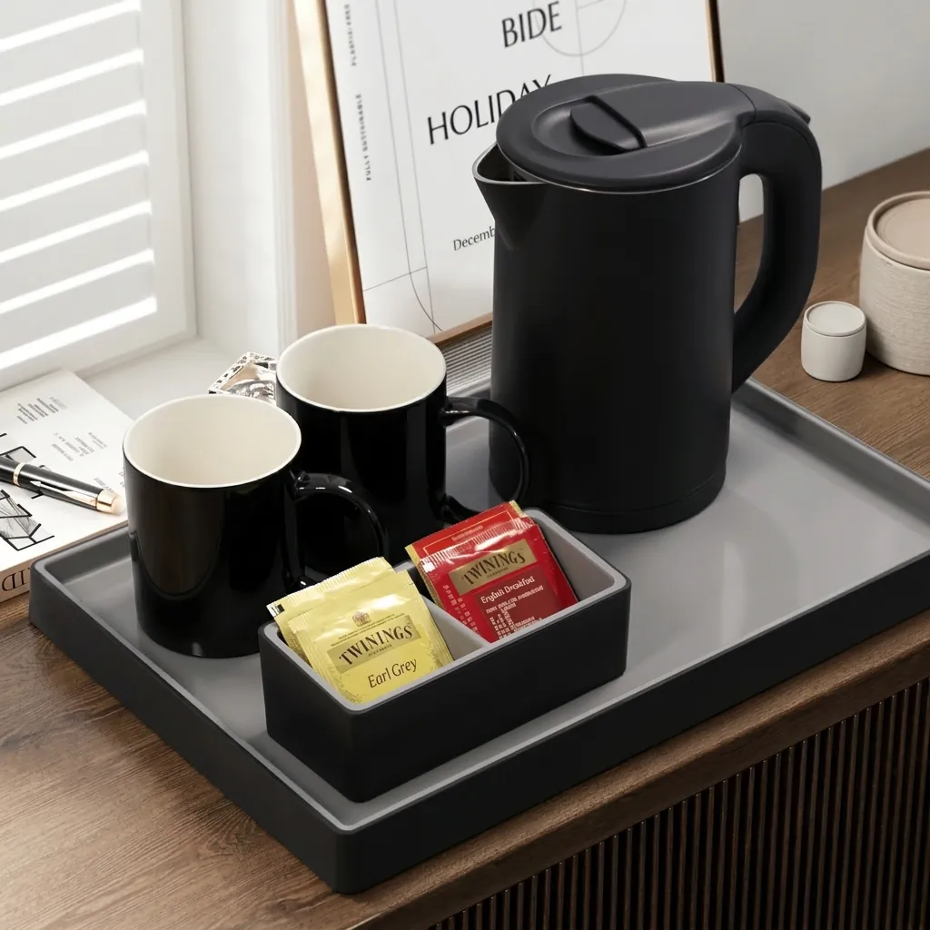 PU Leather Tray Set with Stainless Steel Anti-Scald 0.8L Kettle [1129] — KTS-1129 (image 3)