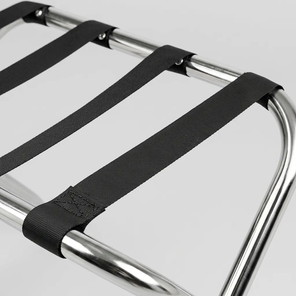 Folding Luggage Rack Backless Stainless Steel — LGR-1024 — A folding backless luggage rack with a sturdy 1-inch stainless steel round-tube frame and four wide 5cm nylon straps to hold heavy bags securely. The flat-and-round tube design looks modern, while plastic foot caps keep it stable and non-slip. Folds flat for storage, measuring 600x425x500mm, in polished steel, brushed steel, titanium gold or black. (image 3)