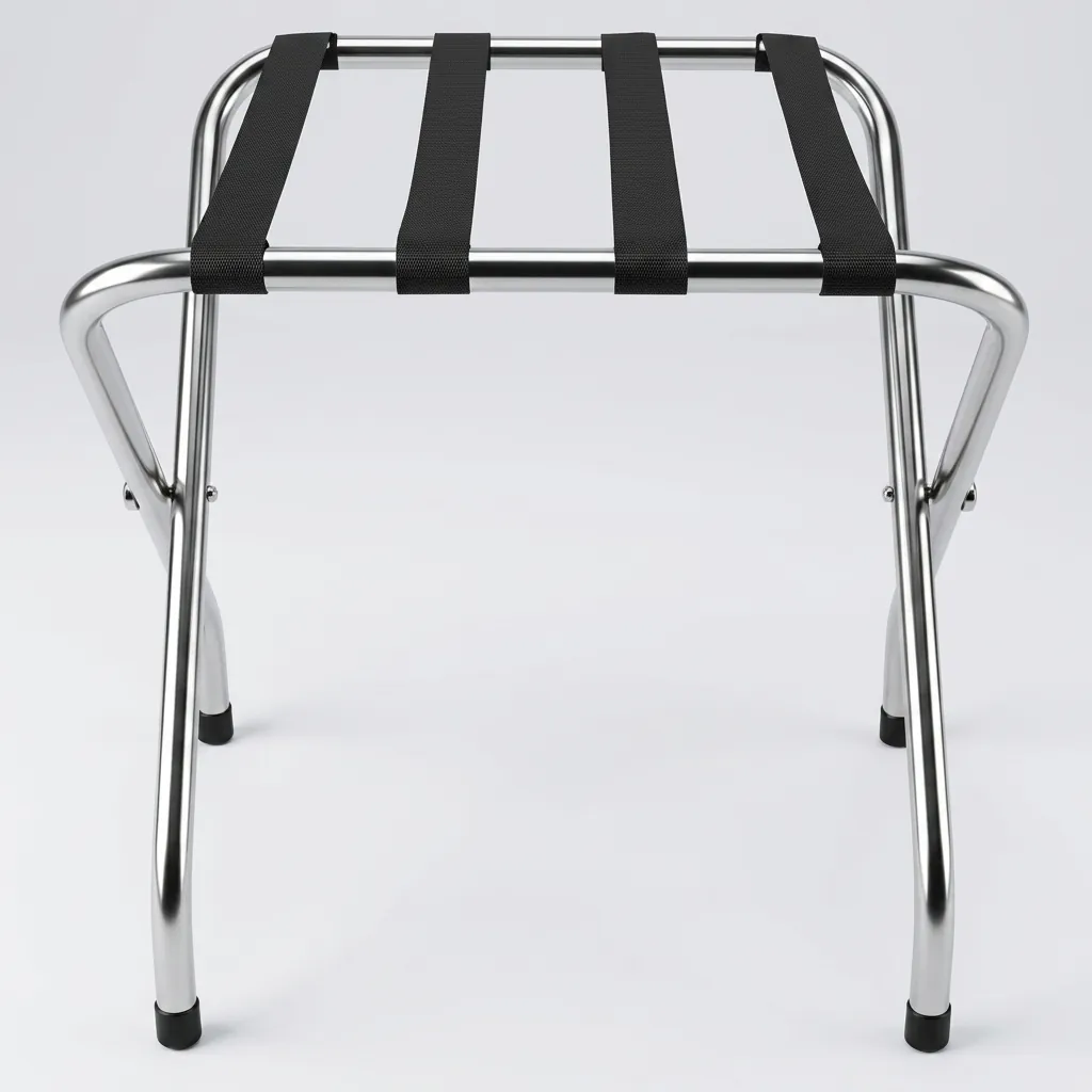 Folding Luggage Rack Backless Stainless Steel — LGR-1024 — A folding backless luggage rack with a sturdy 1-inch stainless steel round-tube frame and four wide 5cm nylon straps to hold heavy bags securely. The flat-and-round tube design looks modern, while plastic foot caps keep it stable and non-slip. Folds flat for storage, measuring 600x425x500mm, in polished steel, brushed steel, titanium gold or black. (image 6)