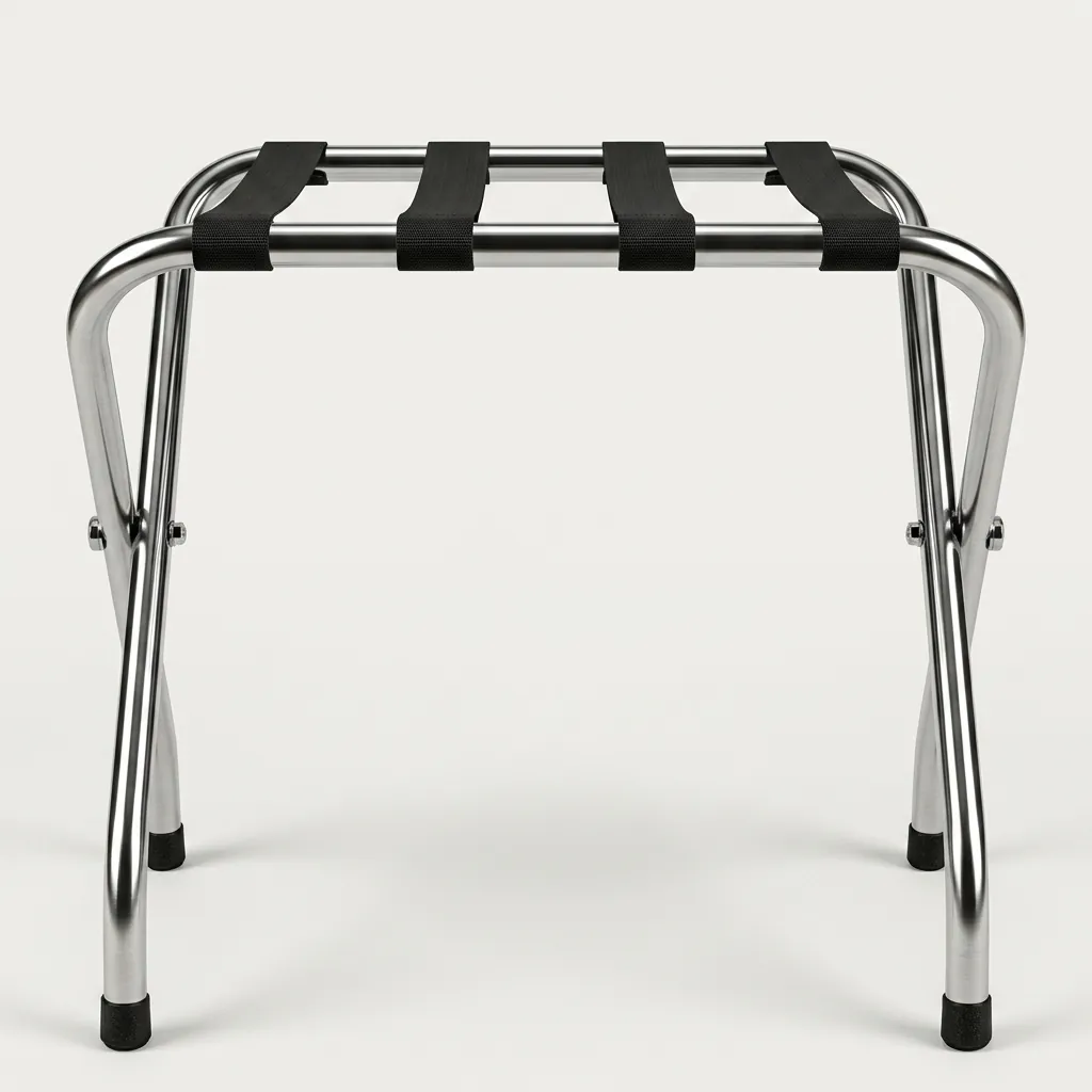 Folding Luggage Rack Backless Stainless Steel — LGR-1024 — A folding backless luggage rack with a sturdy 1-inch stainless steel round-tube frame and four wide 5cm nylon straps to hold heavy bags securely. The flat-and-round tube design looks modern, while plastic foot caps keep it stable and non-slip. Folds flat for storage, measuring 600x425x500mm, in polished steel, brushed steel, titanium gold or black. (image 7)
