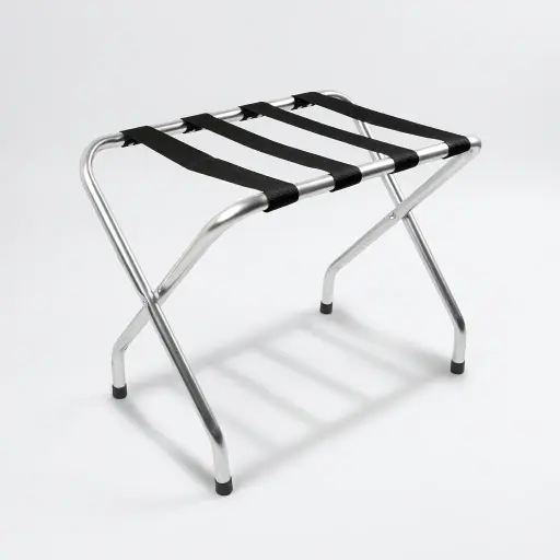 Folding Luggage Rack Backless Stainless Steel — LGR-1024 — A folding backless luggage rack with a sturdy 1-inch stainless steel round-tube frame and four wide 5cm nylon straps to hold heavy bags securely. The flat-and-round tube design looks modern, while plastic foot caps keep it stable and non-slip. Folds flat for storage, measuring 600x425x500mm, in polished steel, brushed steel, titanium gold or black.