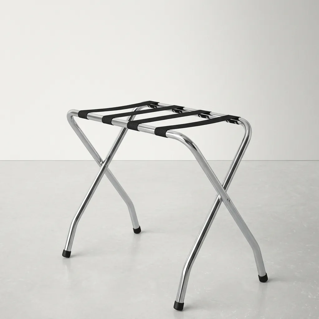 Folding Luggage Rack Backless Stainless Steel — LGR-1024 — A folding backless luggage rack with a sturdy 1-inch stainless steel round-tube frame and four wide 5cm nylon straps to hold heavy bags securely. The flat-and-round tube design looks modern, while plastic foot caps keep it stable and non-slip. Folds flat for storage, measuring 600x425x500mm, in polished steel, brushed steel, titanium gold or black. (image 8)