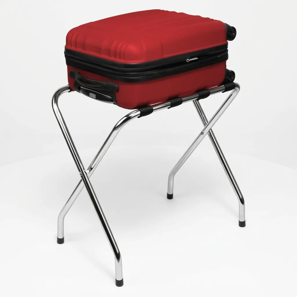 Folding Luggage Rack Backless Stainless Steel — LGR-1024 — A folding backless luggage rack with a sturdy 1-inch stainless steel round-tube frame and four wide 5cm nylon straps to hold heavy bags securely. The flat-and-round tube design looks modern, while plastic foot caps keep it stable and non-slip. Folds flat for storage, measuring 600x425x500mm, in polished steel, brushed steel, titanium gold or black. (image 9)