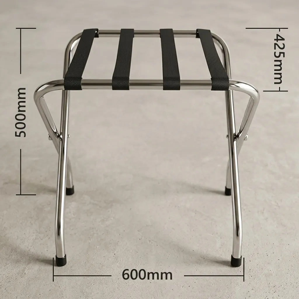 Folding Luggage Rack Backless Stainless Steel — LGR-1024 — A folding backless luggage rack with a sturdy 1-inch stainless steel round-tube frame and four wide 5cm nylon straps to hold heavy bags securely. The flat-and-round tube design looks modern, while plastic foot caps keep it stable and non-slip. Folds flat for storage, measuring 600x425x500mm, in polished steel, brushed steel, titanium gold or black. (image 10)