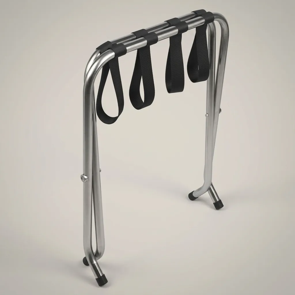 Folding Luggage Rack Backless Stainless Steel — LGR-1024 — A folding backless luggage rack with a sturdy 1-inch stainless steel round-tube frame and four wide 5cm nylon straps to hold heavy bags securely. The flat-and-round tube design looks modern, while plastic foot caps keep it stable and non-slip. Folds flat for storage, measuring 600x425x500mm, in polished steel, brushed steel, titanium gold or black. (image 12)
