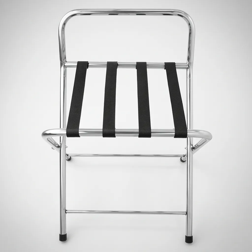 Folding Luggage Rack With Backrest Stainless Steel — LGR-1025 — A folding luggage rack with a strong metal frame, four durable nylon straps and a backrest that protects the wall and holds an open suitcase lid. It folds up easily for compact storage and sets up in seconds. Measures 550x500x700mm, available in black, silver or chrome. (image 2)