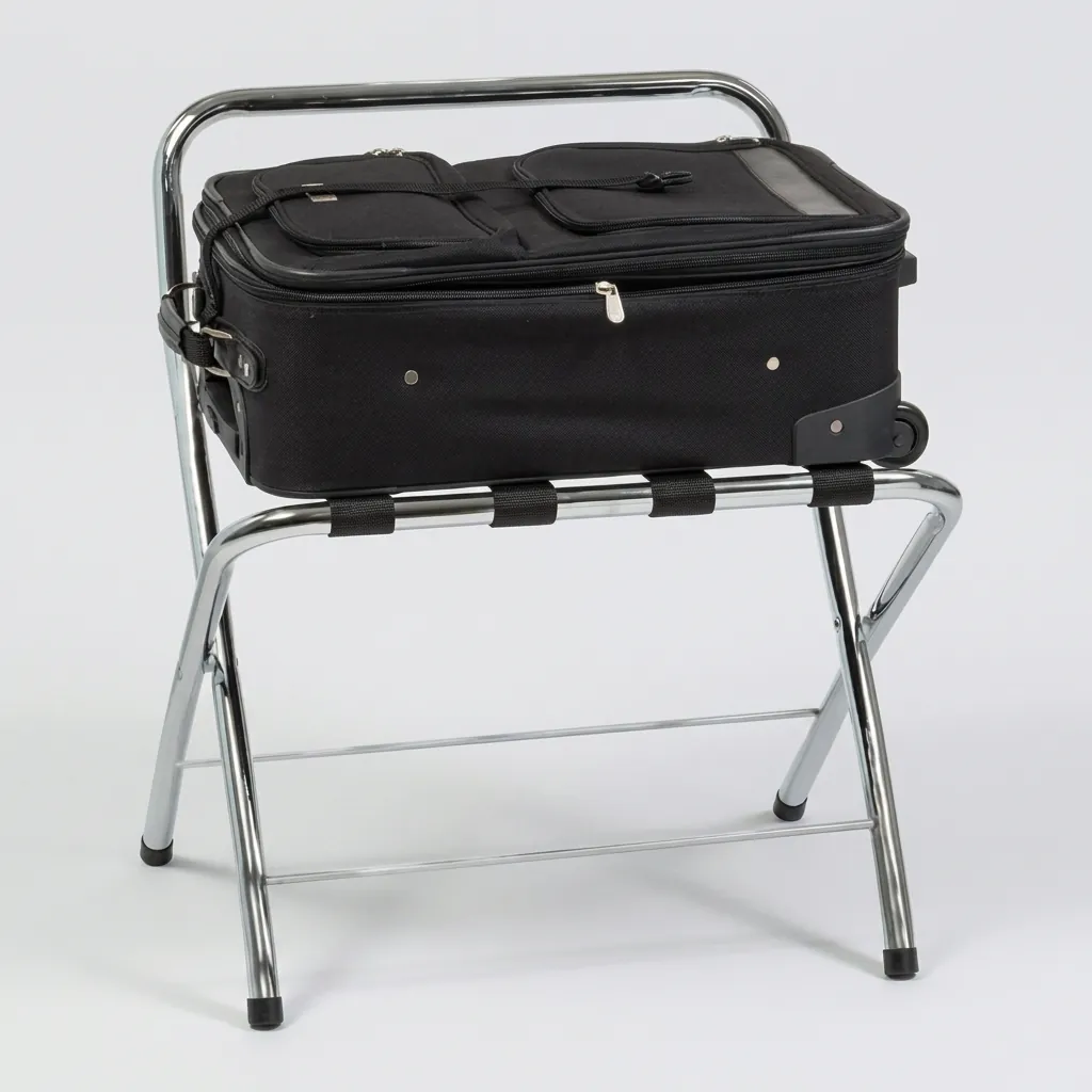 Folding Luggage Rack With Backrest Stainless Steel — LGR-1025 — A folding luggage rack with a strong metal frame, four durable nylon straps and a backrest that protects the wall and holds an open suitcase lid. It folds up easily for compact storage and sets up in seconds. Measures 550x500x700mm, available in black, silver or chrome. (image 3)