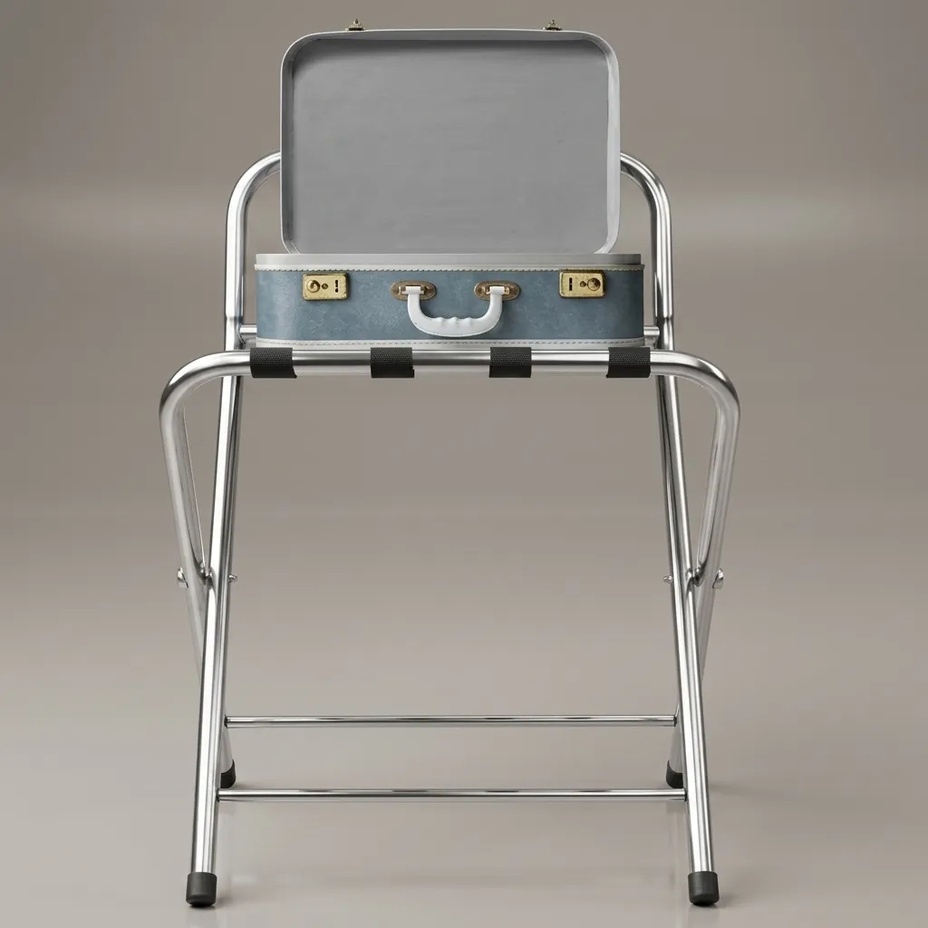 Folding Luggage Rack With Backrest Stainless Steel — LGR-1025 — A folding luggage rack with a strong metal frame, four durable nylon straps and a backrest that protects the wall and holds an open suitcase lid. It folds up easily for compact storage and sets up in seconds. Measures 550x500x700mm, available in black, silver or chrome. (image 4)