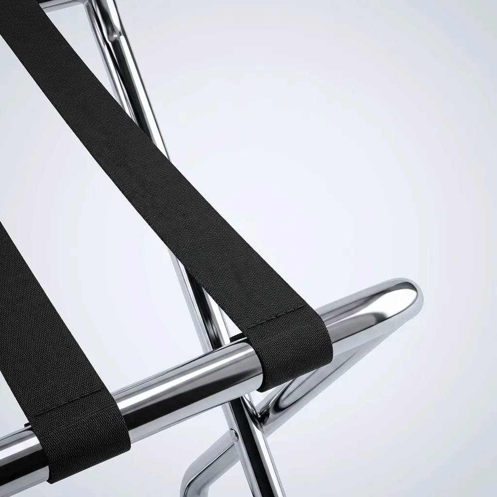 Folding Luggage Rack With Backrest Stainless Steel — LGR-1025 — A folding luggage rack with a strong metal frame, four durable nylon straps and a backrest that protects the wall and holds an open suitcase lid. It folds up easily for compact storage and sets up in seconds. Measures 550x500x700mm, available in black, silver or chrome. (image 6)