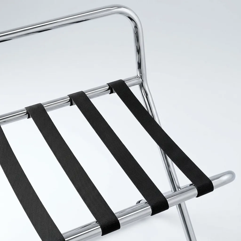 Folding Luggage Rack With Backrest Stainless Steel — LGR-1025 — A folding luggage rack with a strong metal frame, four durable nylon straps and a backrest that protects the wall and holds an open suitcase lid. It folds up easily for compact storage and sets up in seconds. Measures 550x500x700mm, available in black, silver or chrome. (image 8)