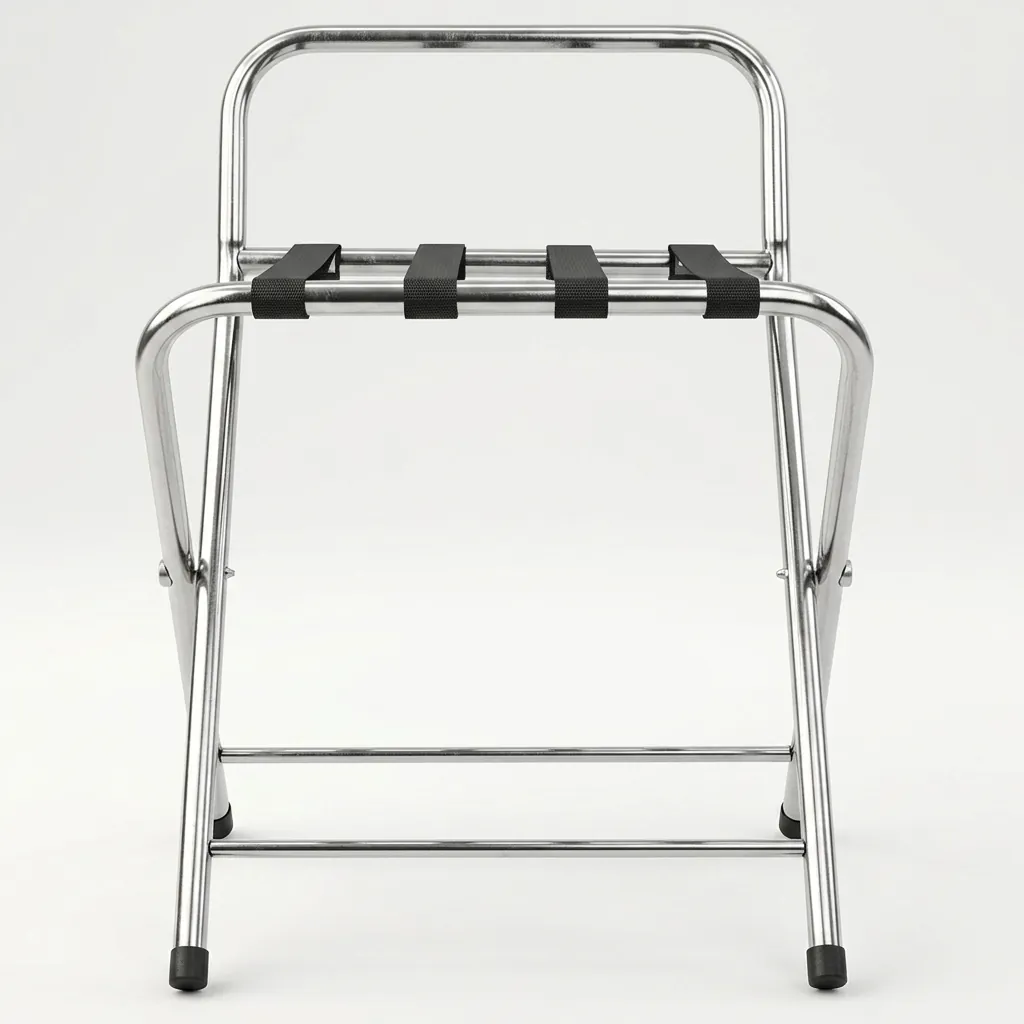 Folding Luggage Rack With Backrest Stainless Steel — LGR-1025 — A folding luggage rack with a strong metal frame, four durable nylon straps and a backrest that protects the wall and holds an open suitcase lid. It folds up easily for compact storage and sets up in seconds. Measures 550x500x700mm, available in black, silver or chrome. (image 9)