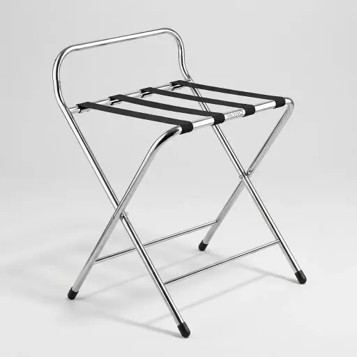 Stainless Steel Backrest Luggage Rack with 4 Straps [1026] — LGR-1026 — A foldable stainless steel luggage rack with a 25mm tube frame, four strong nylon straps and a backrest that shields walls from scuffs. Plastic foot caps protect floors, and the frame folds flat to save space. Measures 55x50x70cm, in stainless steel or black.