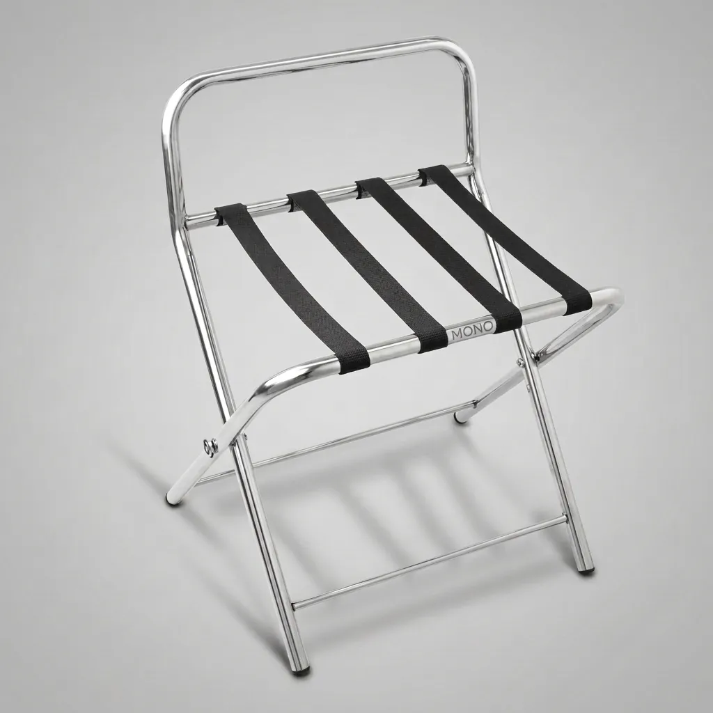 Stainless Steel Backrest Luggage Rack with 4 Straps [1027] — LGR-1027 — A wide foldable stainless steel luggage rack with four strong nylon straps and a backrest to protect walls from scuffs. Plastic foot caps guard floors, and the frame folds flat for easy storage. A generous 99x49x70cm size, in stainless steel or black. (image 1)