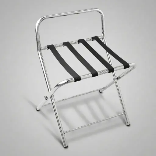 Stainless Steel Backrest Luggage Rack with 4 Straps [1027] — LGR-1027 — A wide foldable stainless steel luggage rack with four strong nylon straps and a backrest to protect walls from scuffs. Plastic foot caps guard floors, and the frame folds flat for easy storage. A generous 99x49x70cm size, in stainless steel or black.