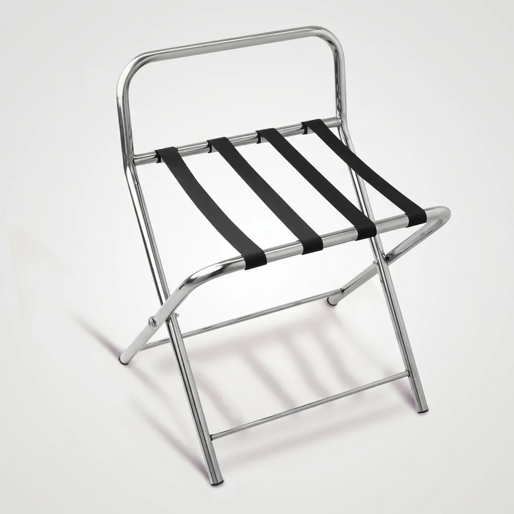 Stainless Steel Backrest Luggage Rack with 4 Straps [1027] — LGR-1027 — A wide foldable stainless steel luggage rack with four strong nylon straps and a backrest to protect walls from scuffs. Plastic foot caps guard floors, and the frame folds flat for easy storage. A generous 99x49x70cm size, in stainless steel or black. (image 2)
