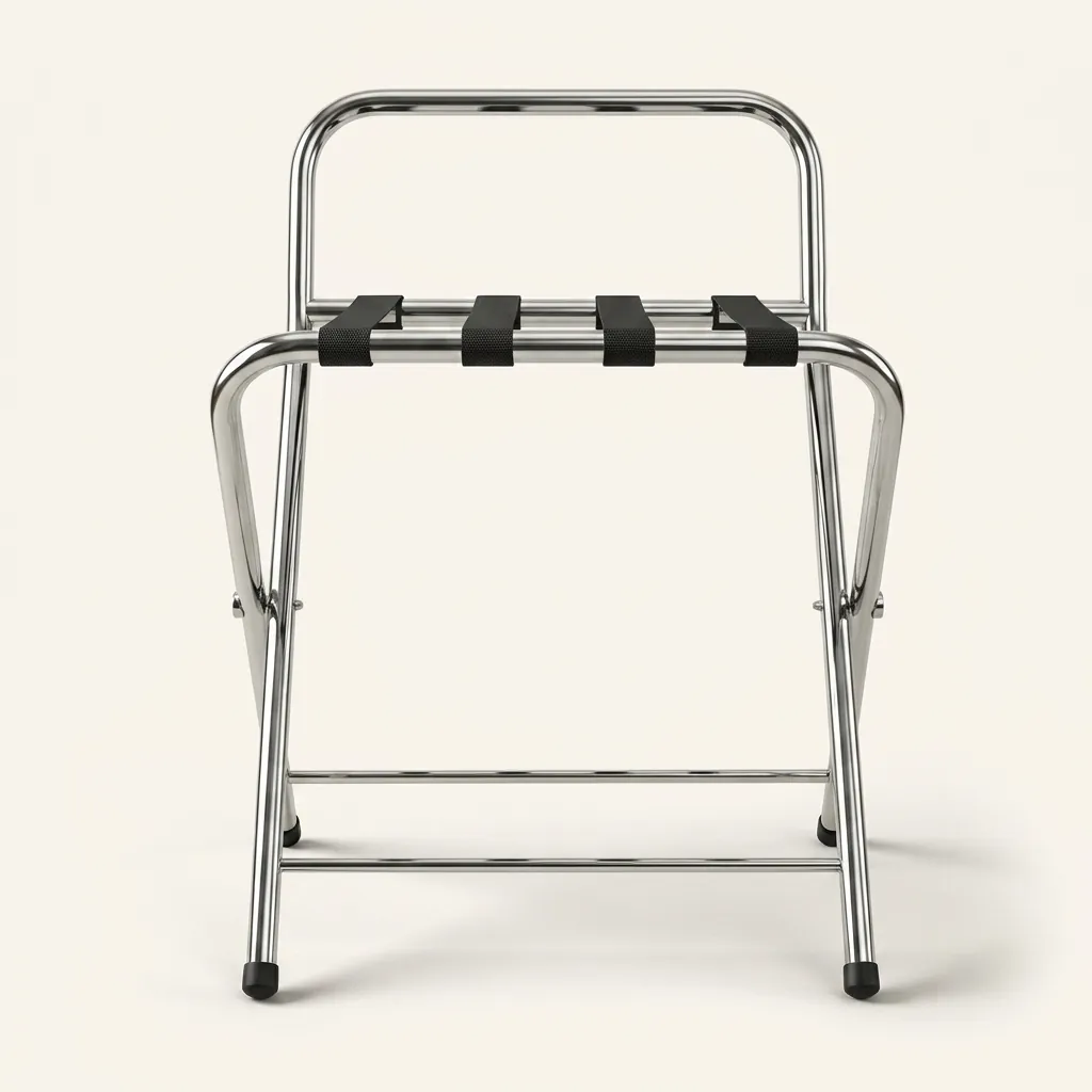 Stainless Steel Backrest Luggage Rack with 4 Straps [1027] — LGR-1027 — A wide foldable stainless steel luggage rack with four strong nylon straps and a backrest to protect walls from scuffs. Plastic foot caps guard floors, and the frame folds flat for easy storage. A generous 99x49x70cm size, in stainless steel or black. (image 3)