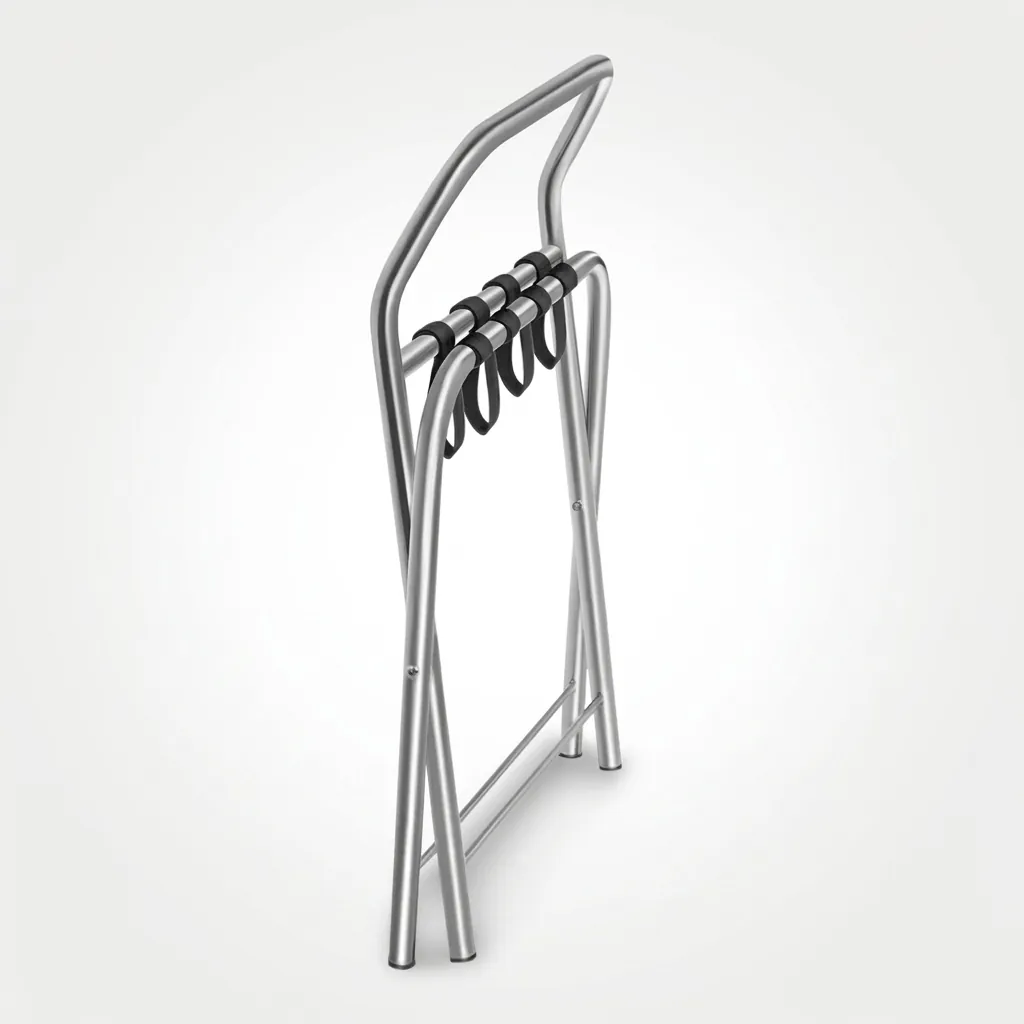 Stainless Steel Backrest Luggage Rack with 4 Straps [1027] — LGR-1027 — A wide foldable stainless steel luggage rack with four strong nylon straps and a backrest to protect walls from scuffs. Plastic foot caps guard floors, and the frame folds flat for easy storage. A generous 99x49x70cm size, in stainless steel or black. (image 4)