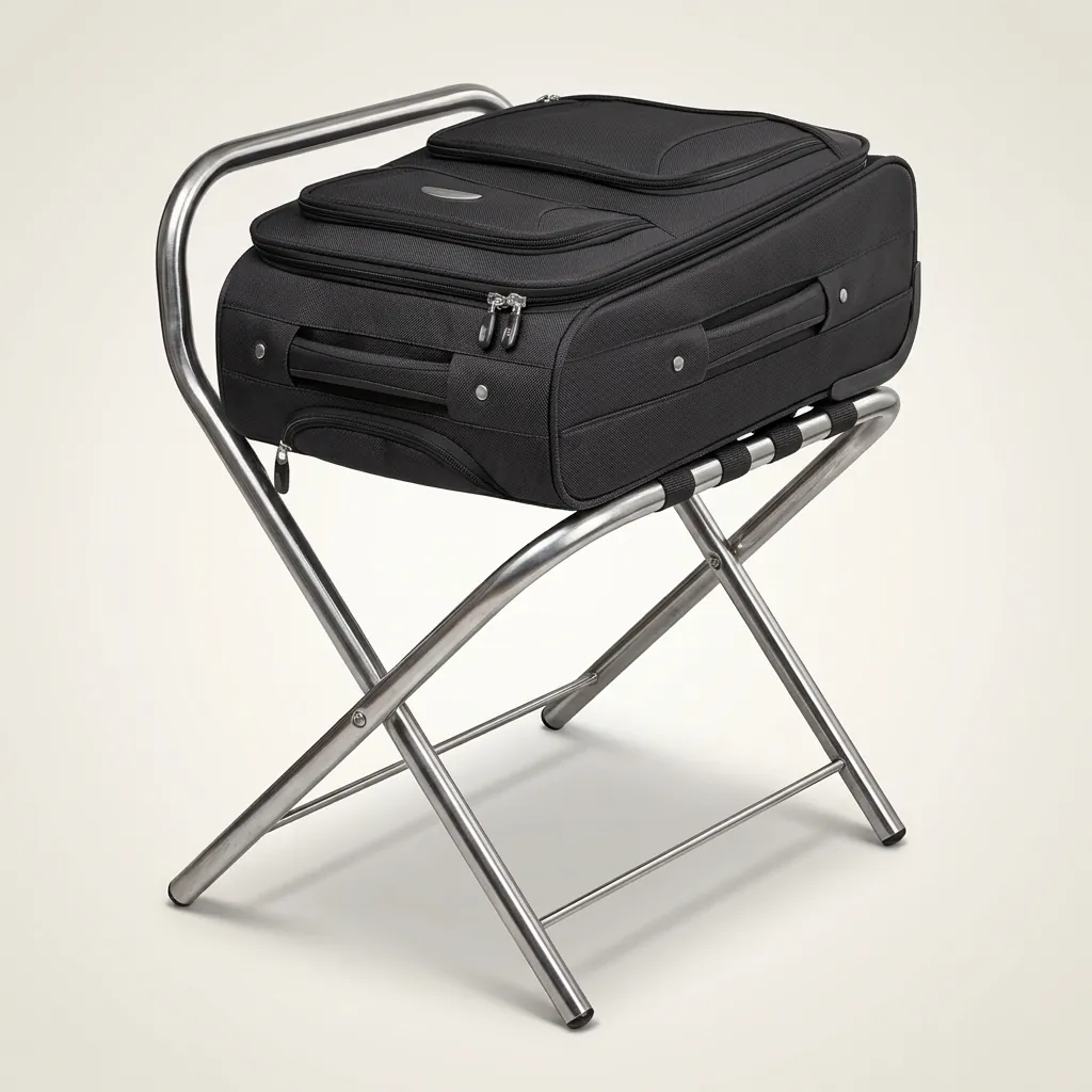 Stainless Steel Backrest Luggage Rack with 4 Straps [1027] — LGR-1027 — A wide foldable stainless steel luggage rack with four strong nylon straps and a backrest to protect walls from scuffs. Plastic foot caps guard floors, and the frame folds flat for easy storage. A generous 99x49x70cm size, in stainless steel or black. (image 5)