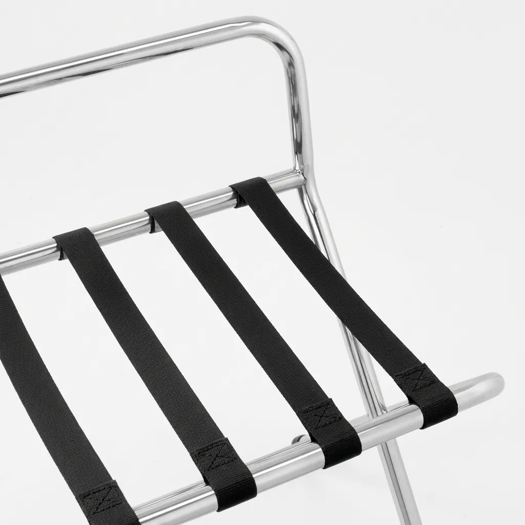 Stainless Steel Backrest Luggage Rack with 4 Straps [1027] — LGR-1027 — A wide foldable stainless steel luggage rack with four strong nylon straps and a backrest to protect walls from scuffs. Plastic foot caps guard floors, and the frame folds flat for easy storage. A generous 99x49x70cm size, in stainless steel or black. (image 6)