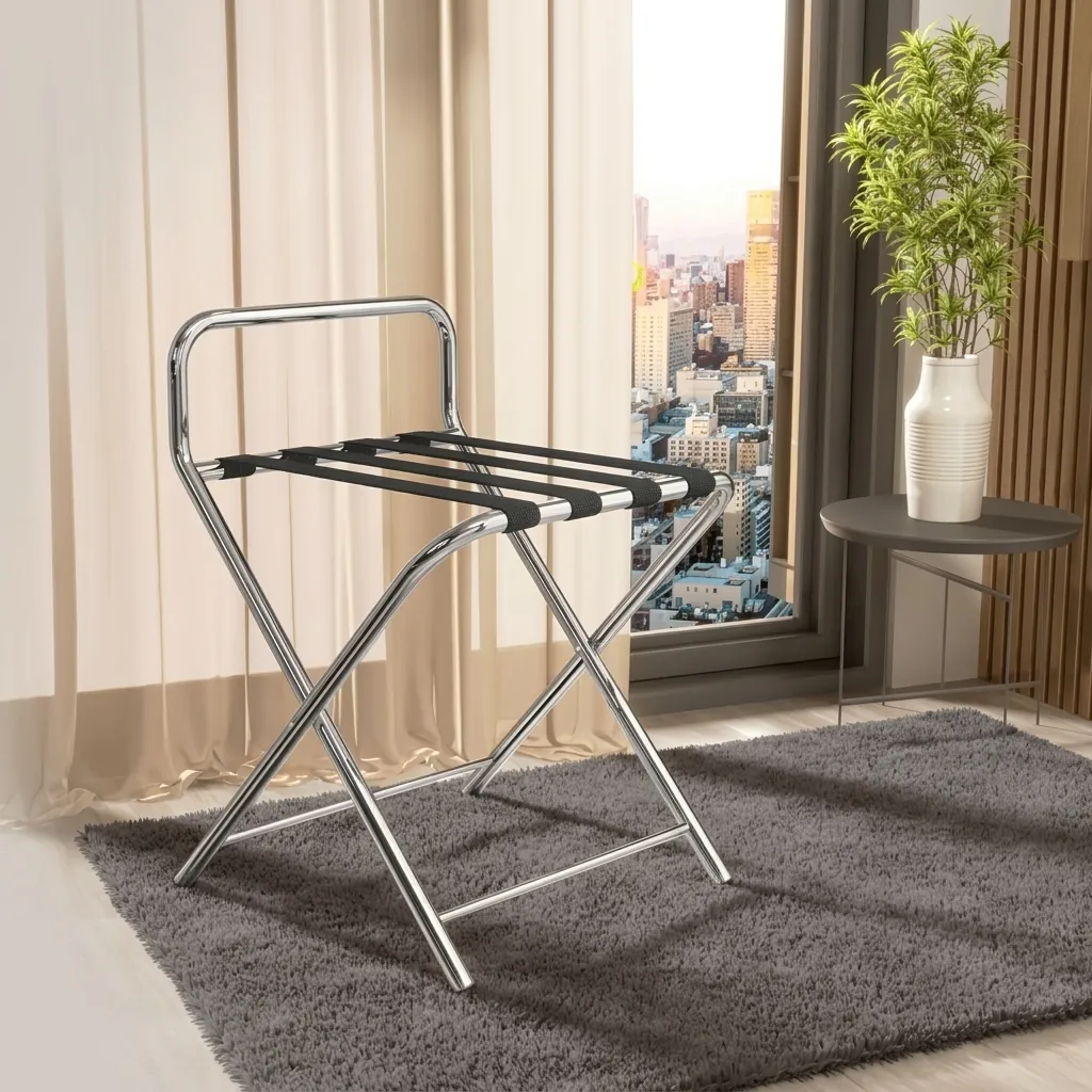 Stainless Steel Backrest Luggage Rack with 4 Straps [1027] — LGR-1027 — A wide foldable stainless steel luggage rack with four strong nylon straps and a backrest to protect walls from scuffs. Plastic foot caps guard floors, and the frame folds flat for easy storage. A generous 99x49x70cm size, in stainless steel or black. (image 7)