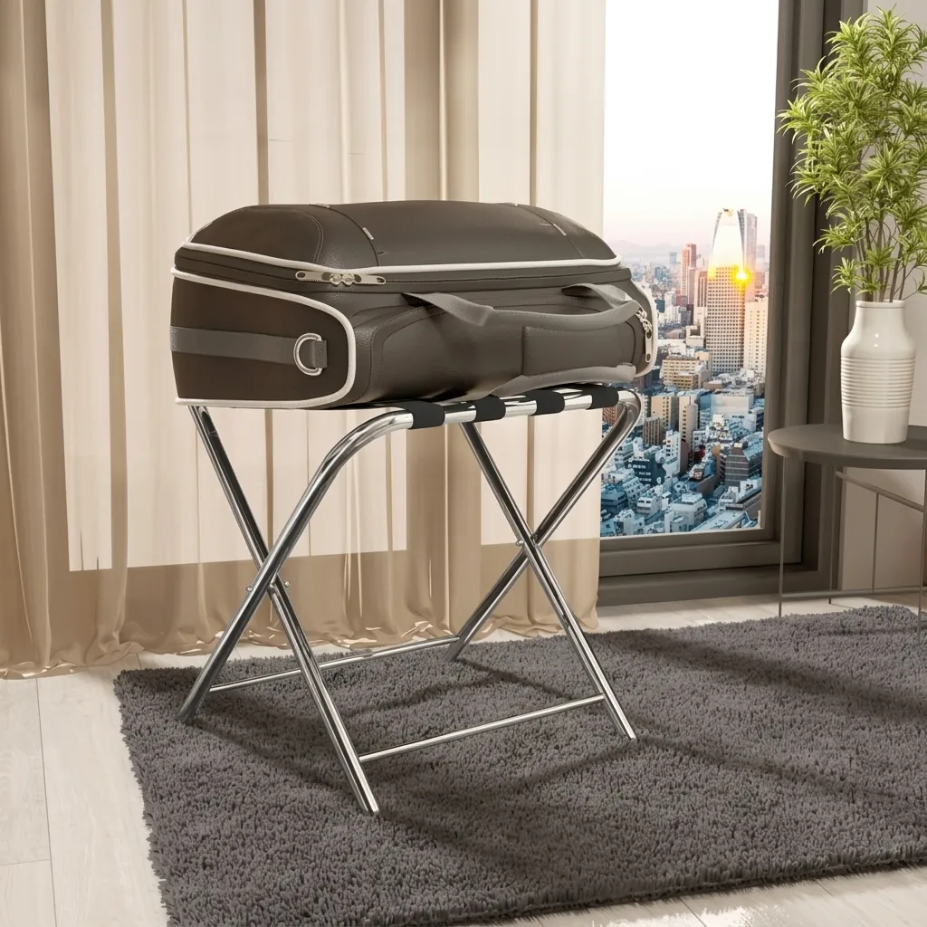Stainless Steel Backrest Luggage Rack with 4 Straps [1027] — LGR-1027 — A wide foldable stainless steel luggage rack with four strong nylon straps and a backrest to protect walls from scuffs. Plastic foot caps guard floors, and the frame folds flat for easy storage. A generous 99x49x70cm size, in stainless steel or black. (image 8)