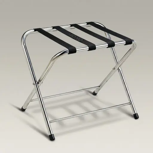 Stainless Steel Backrest Luggage Rack with 4 Straps [1028] — LGR-1028 — A space-saving foldable stainless steel luggage rack with four strong nylon straps and no backrest. Plastic foot caps protect floors and the frame folds flat for easy storage. Compact at 60x42x51cm, in stainless steel or black.