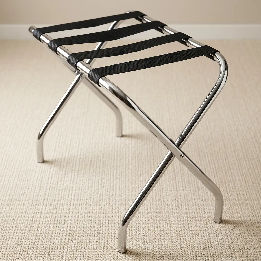 Stainless Steel Luggage Rack with 4 Straps [1029] — LGR-1029 — A foldable stainless steel luggage rack with four strong nylon straps and a backless, space-saving design. Plastic foot caps protect floors, and the sturdy frame folds flat for storage. Measures 60x40x52cm, in stainless steel, gold or black. (image 2)