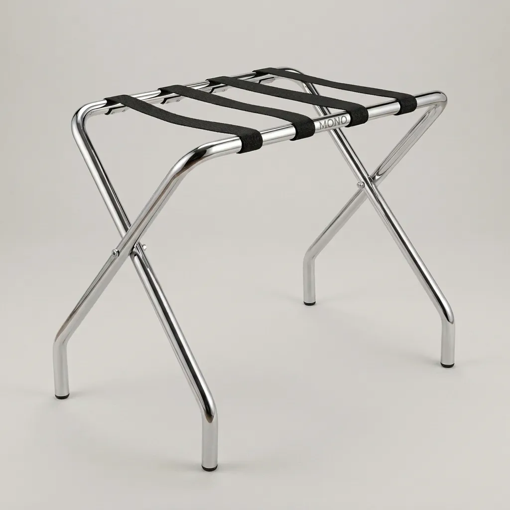 Stainless Steel Luggage Rack with 4 Straps [1029] — LGR-1029 — A foldable stainless steel luggage rack with four strong nylon straps and a backless, space-saving design. Plastic foot caps protect floors, and the sturdy frame folds flat for storage. Measures 60x40x52cm, in stainless steel, gold or black. (image 1)