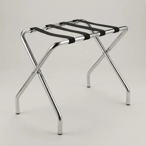 Stainless Steel Luggage Rack with 4 Straps [1029] — LGR-1029 — A foldable stainless steel luggage rack with four strong nylon straps and a backless, space-saving design. Plastic foot caps protect floors, and the sturdy frame folds flat for storage. Measures 60x40x52cm, in stainless steel, gold or black.