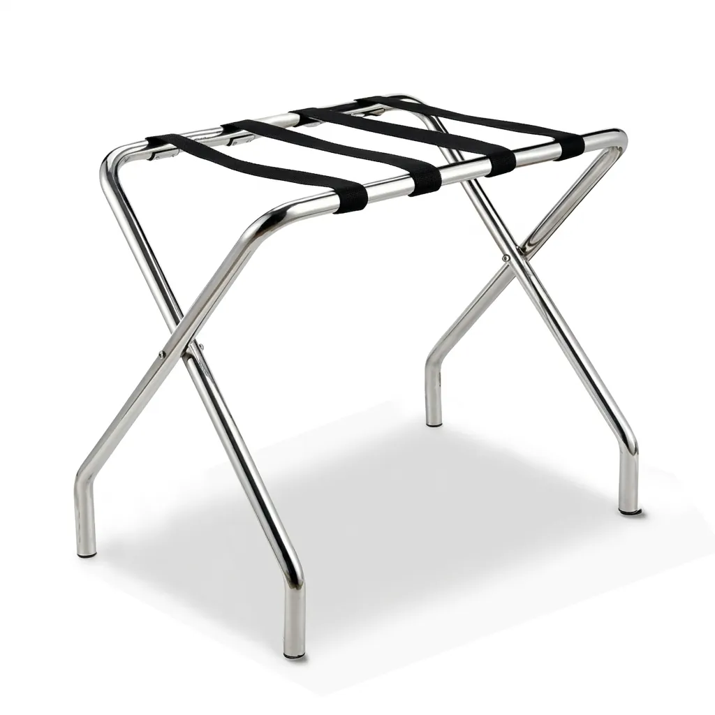 Stainless Steel Luggage Rack with 4 Straps [1029] — LGR-1029 — A foldable stainless steel luggage rack with four strong nylon straps and a backless, space-saving design. Plastic foot caps protect floors, and the sturdy frame folds flat for storage. Measures 60x40x52cm, in stainless steel, gold or black. (image 3)