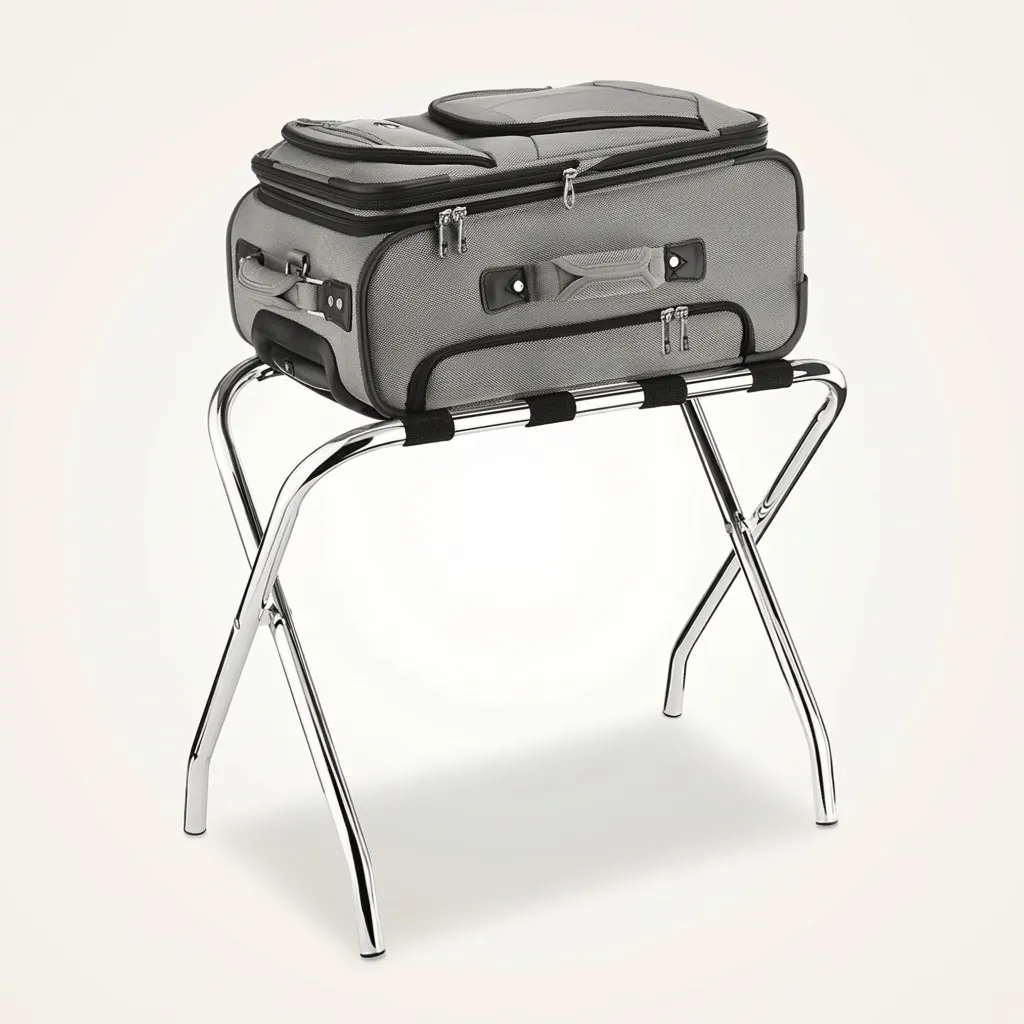 Stainless Steel Luggage Rack with 4 Straps [1029] — LGR-1029 — A foldable stainless steel luggage rack with four strong nylon straps and a backless, space-saving design. Plastic foot caps protect floors, and the sturdy frame folds flat for storage. Measures 60x40x52cm, in stainless steel, gold or black. (image 4)
