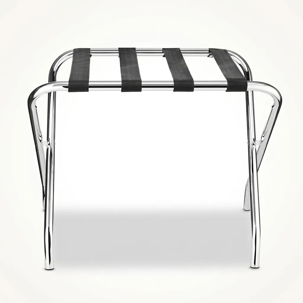 Stainless Steel Luggage Rack with 4 Straps [1029] — LGR-1029 — A foldable stainless steel luggage rack with four strong nylon straps and a backless, space-saving design. Plastic foot caps protect floors, and the sturdy frame folds flat for storage. Measures 60x40x52cm, in stainless steel, gold or black. (image 5)