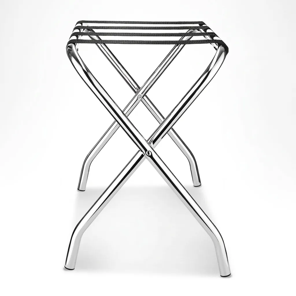 Stainless Steel Luggage Rack with 4 Straps [1029] — LGR-1029 — A foldable stainless steel luggage rack with four strong nylon straps and a backless, space-saving design. Plastic foot caps protect floors, and the sturdy frame folds flat for storage. Measures 60x40x52cm, in stainless steel, gold or black. (image 6)