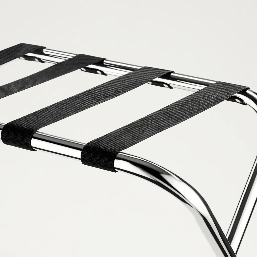 Stainless Steel Luggage Rack with 4 Straps [1029] — LGR-1029 — A foldable stainless steel luggage rack with four strong nylon straps and a backless, space-saving design. Plastic foot caps protect floors, and the sturdy frame folds flat for storage. Measures 60x40x52cm, in stainless steel, gold or black. (image 7)