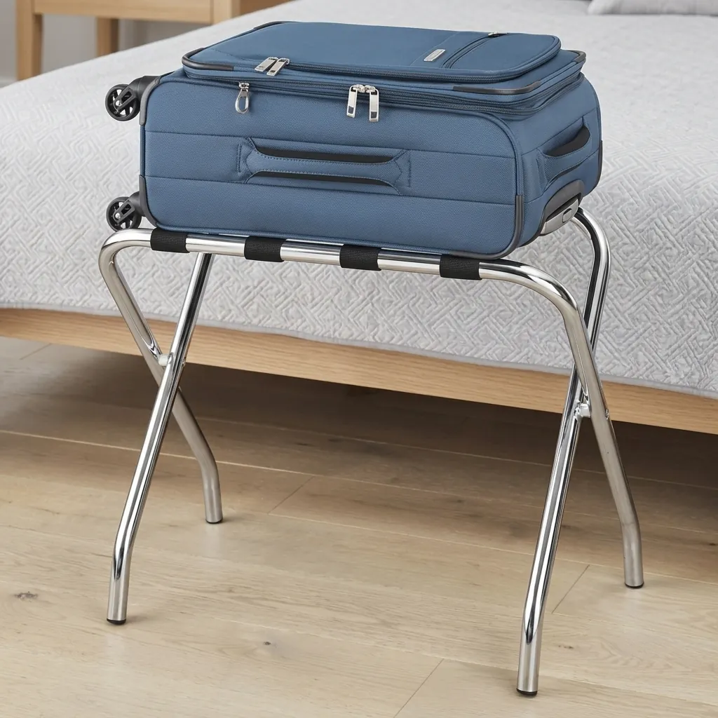 Stainless Steel Luggage Rack with 4 Straps [1029] — LGR-1029 — A foldable stainless steel luggage rack with four strong nylon straps and a backless, space-saving design. Plastic foot caps protect floors, and the sturdy frame folds flat for storage. Measures 60x40x52cm, in stainless steel, gold or black. (image 8)